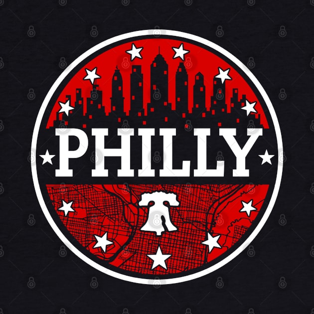 Red White and Blue Philly Fan Philadelphia Skyline Liberty Bell Map Art by TeeCreations